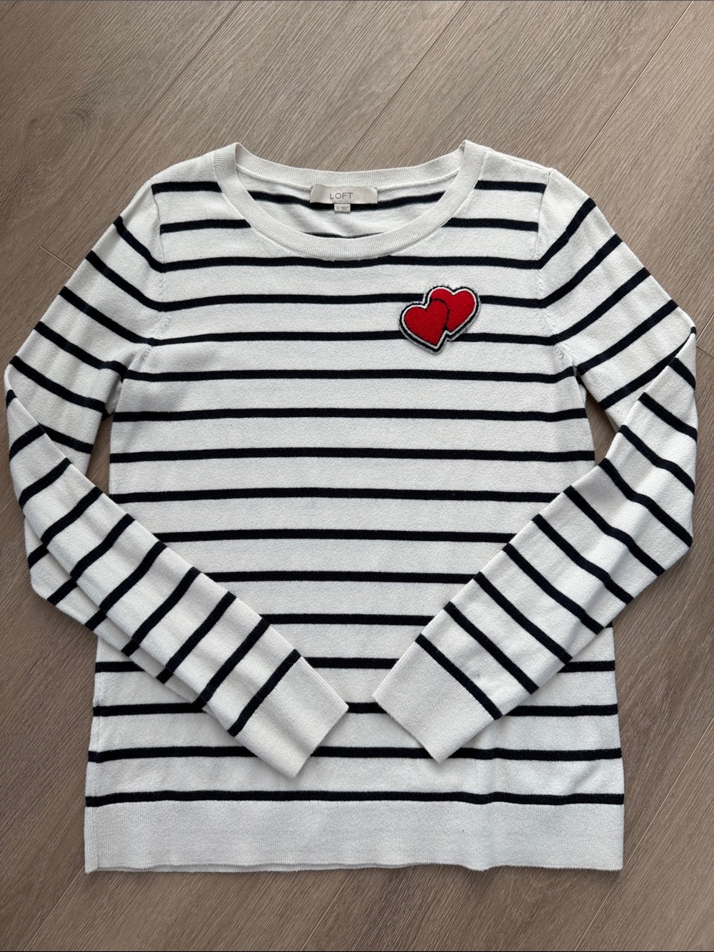 LOFT White & Black Striped Crew Sweater with Red Heart Patch